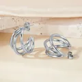 Polished silver triple-layered C-shape hoop earrings with a sleek minimalist finish - Thin Round Wire Small Size / Silver