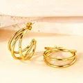 Modern triple-layer C-shaped hoop earrings in a polished shiny gold finish - Thin Round Wire Large Size / Gold