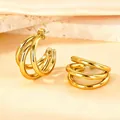 Modern triple layered C-shaped hoop earrings in polished gold finish for women - Medium Round Wire Medium Size / Gold