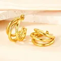 Three-layer interlocking gold-plated C-shaped hoop earrings with a high-polish finish - Medium Round Wire Large Size / Gold