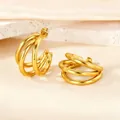Chic multi-layered C-shape hoop earrings in a bright golden finish for women - Thick Round Wire Large Size / Gold