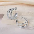 Elegant multi-layer silver C-shaped hoop earrings with a triple-band design and butterfly back - Semi-circular Wire Large Size / Silver