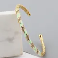 Adjustable twisted gold cuff bracelet with mint green enamel and pave zircon details - Light Green