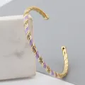 Adjustable gold-plated twisted bangle featuring lavender enamel and sparkling zircon stones - Light Purple