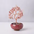 Handmade pink crystal life tree ornament with copper wire in a red ceramic bowl - Natural Strawberry Quartz Tree