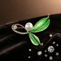 Elegant gold leaf brooch with green mother-of-pearl, white pearl and zircon accents - Green Leaf Pearl Brooch (XZ0351-1)