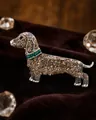 Silver dachshund brooch with dark brown crystals and a green rhinestone collar decor - Antique Gold Dachshund Brooch (XZ0367-1)