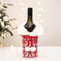 Detail of knitted wine bottle cover with reindeer pattern and faux fur collar decoration - Red Knit Fur Collar Wine Sleeve / Red