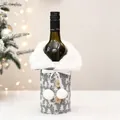 Detail of grey knitted wine bottle sleeve featuring snowflake patterns and faux fur collar - Grey Knit Fur Collar Wine Sleeve / Gray