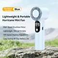 Portable USB mini turbo fan in blue with digital LED display on rocky outdoor surface - T361 Blue