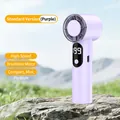 Purple portable handheld fan with 199 speed levels and digital LED display on a rock - T361 Purple
