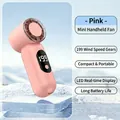 Pink mini handheld fan with LED digital display showing 199 adjustable speed levels - T55 Pink