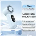 Blue mini handheld fan with LED digital display and 199 speed levels on ice background - T55 Blue