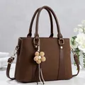 Minimalist dark brown large capacity tote bag with flower pendant and shoulder strap - Coffee
