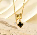 Golden clover pendant necklace with black onyx and sparkling cubic zirconia stones - Gold / Black Shell
