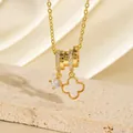 Gold clover necklace featuring triple rings with zircon and white lucky clover pendant - Gold White Shell