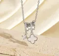 Exquisite silver necklace with zircon three-ring pendant and white clover charm - Silver White Mother of Pearl