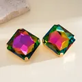 Elegant square iridescent colorful crystal stud earrings with a gold claw setting design - Stud Earrings / Colorful