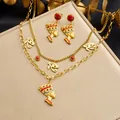 Vintage Egyptian Nefertiti necklace and earring set with red turquoise and gold plating - N4287 E6297