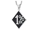 Retro rautenförmige 1%er Anhänger-Halskette mit schwarzem Inlay und silberner Kette - 1%er Rauten-Logo / Mit Stahl-Korbkette / Geschwärzter Stahl