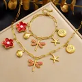 Vintage gold plated stainless steel jewelry set with flower and dragonfly charms - N4279 B2140