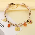 Vintage leopard print silk scarf choker with titanium steel flower and butterfly charms - Leopard Sunflower Style (KN298808-SXSJ) / Beige Leopard