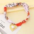 Bohemian vintage printed silk scarf choker necklace with pearl heart pendant detail - Pearl Heart Style (KN298812-SXSJ) / Pink and Orange