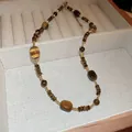 Elegant handmade beaded necklace with tiger's eye style glass beads in a luxury display box. - Geometric Square Tiger Eye Splicing Style (8# Necklace-Gold-Coffee)
