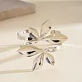 Close-up detail of a silver geometric leaf double-layer open cuff bracelet for women. - Cuff Bracelet / Silver