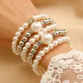 Exaggerated multi-layer pearl and silver bead bracelet set in pearl white and silver finish - Round Bead Set Style (5820) / Silver With Artificial Pearl White