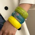 Stacked set of chunky acrylic bracelets in green, blue, and yellow resin colors - 3-Piece Set Combination / Green, Transparent Blue And Yellow