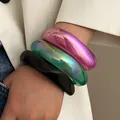 Three-piece chunky resin bangle set in black, translucent green and iridescent pink - 3-Piece Set Combination / Black, Green And Iridescent Pink-Purple