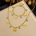 Vintage gold-plated stainless steel Eye of Horus jewelry set with turquoise stone accents - N4278 B2139