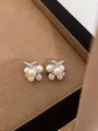 Elegant pearl cluster bow knot stud earrings with sparkling cubic zirconia for women - Pearl Cluster Bowknot Style