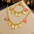 Gold-plated stainless steel jewelry set with dragonfly, heart, and bow enamel charms - N4281 B2142