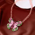 Vintage butterfly pendant necklace with pink crystals and faceted beads on brown satin - Necklace (Gold - Pink - Green)