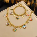 Gold plated stainless steel necklace and bracelet set with religious cross pendants - N4282 B2143