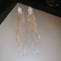 Silver needle earrings with pink water drop stone and sparkling rhinestone tassels - Gold-Pink