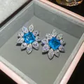 Elegant blue square zircon flower stud earrings with sparkling crystals in a jewelry box - Sea Blue Square Flower Stud / Silver Needle / 24# Silver Blue