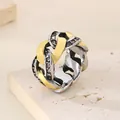 Zweifarbiger Retro-Edelstahl-Kettenring mit funkelnden Strasssteinen für Damen und Herren - US 7 / Farbblockierte Zirkon Kette Ring (KR91366-GC)