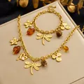 Vintage gold-plated stainless steel jewelry set with dragonfly and flower charms - N4280 B2141