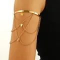 Adjustable golden star charm arm cuff with multi-layer chains and dangling stars - Star Tassel Style (10451)