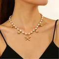 Collana di perle a due strati con ciondoli dorati a forma di stella marina e tartaruga - Stile Pendente Animali Marini Perla Oro (A-1217)