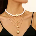 Collana a doppio strato dorata con stella marina, conchiglia e perline per le vacanze - Stile Stratificato Pendente Palma da Cocco Ceramica Tenera (7880)