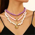 Collana a tre strati di perline colorate stile oceano con ciondoli stella marina e conchiglie - Stile Conchiglia Ghiaia Ceramica Tenera Viola Rosa (A-411)