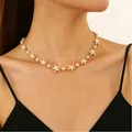 Collana choker a doppio strato con stella marina dorata e perle per le vacanze - Stile Stella Marina Perline di Perla Oro (A-40)