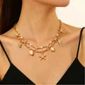 Collana a doppio strato dorata con stelle marine, conchiglie e perle per uno stile estivo - Stile Oceano Multi-pendente a Doppio Strato Oro (3549)