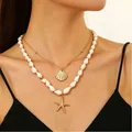 Collana doppia a strati dorata con ciondoli a stella marina e conchiglia per vacanze - Stile a Doppio Strato Conchiglia Stella Marina Oro (WG-1189)