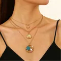 Collana dorata a tre strati con ciondoli a stella marina, conchiglia e perle mare - Stile a Tre Strati Conchiglia Blu Oro (0981)