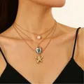 Collana a tre strati in oro con perla bianca, ciondolo a conchiglia blu e stella marina - Stile Perla Conchiglia a Tre Strati Oro (K-026)